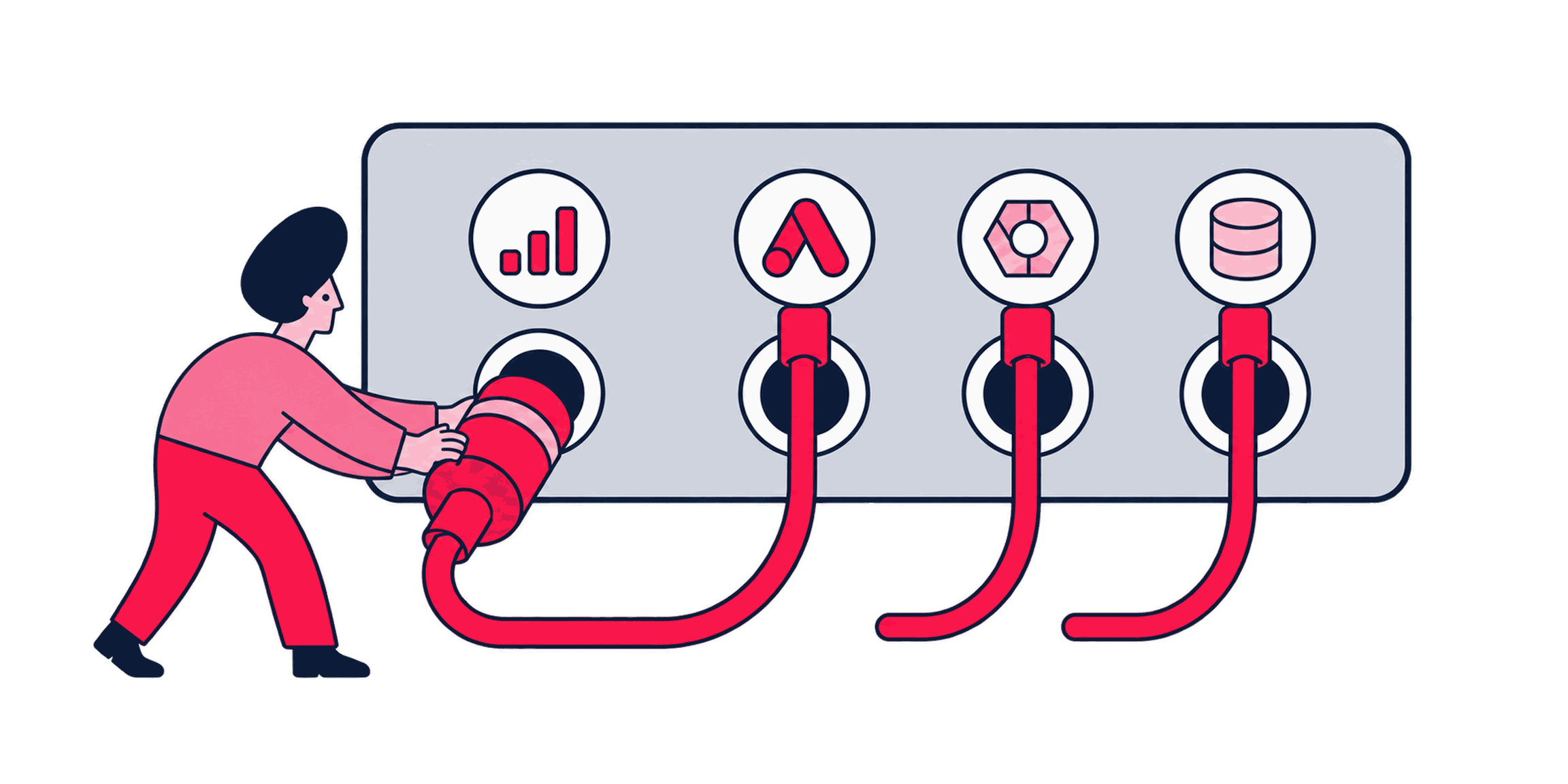 A specialist connecting a GA4 pipe to Ads and BigQuery sockets on a patch panel