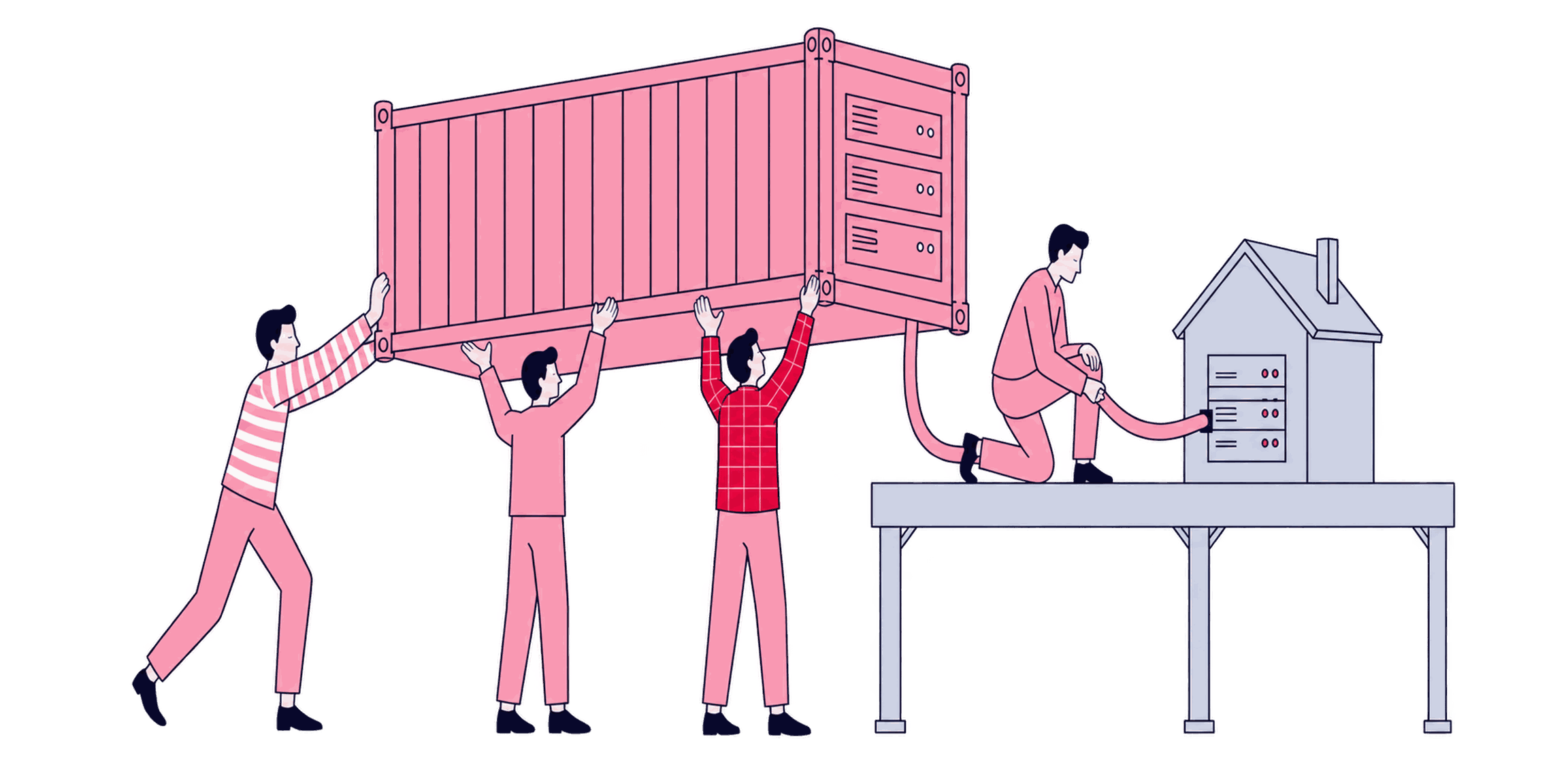 A crew hoisting a container onto a server-side platform, routing a first-party pipe