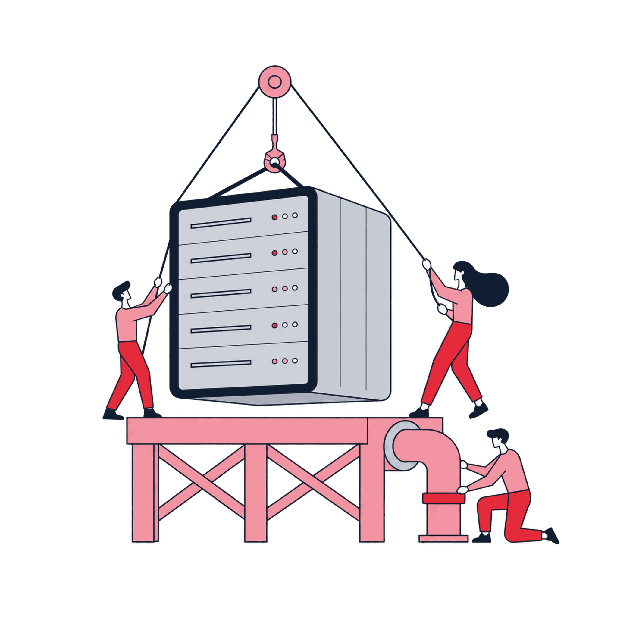 A Zeo crew hoisting a server container onto a platform and routing a first-party pipe
