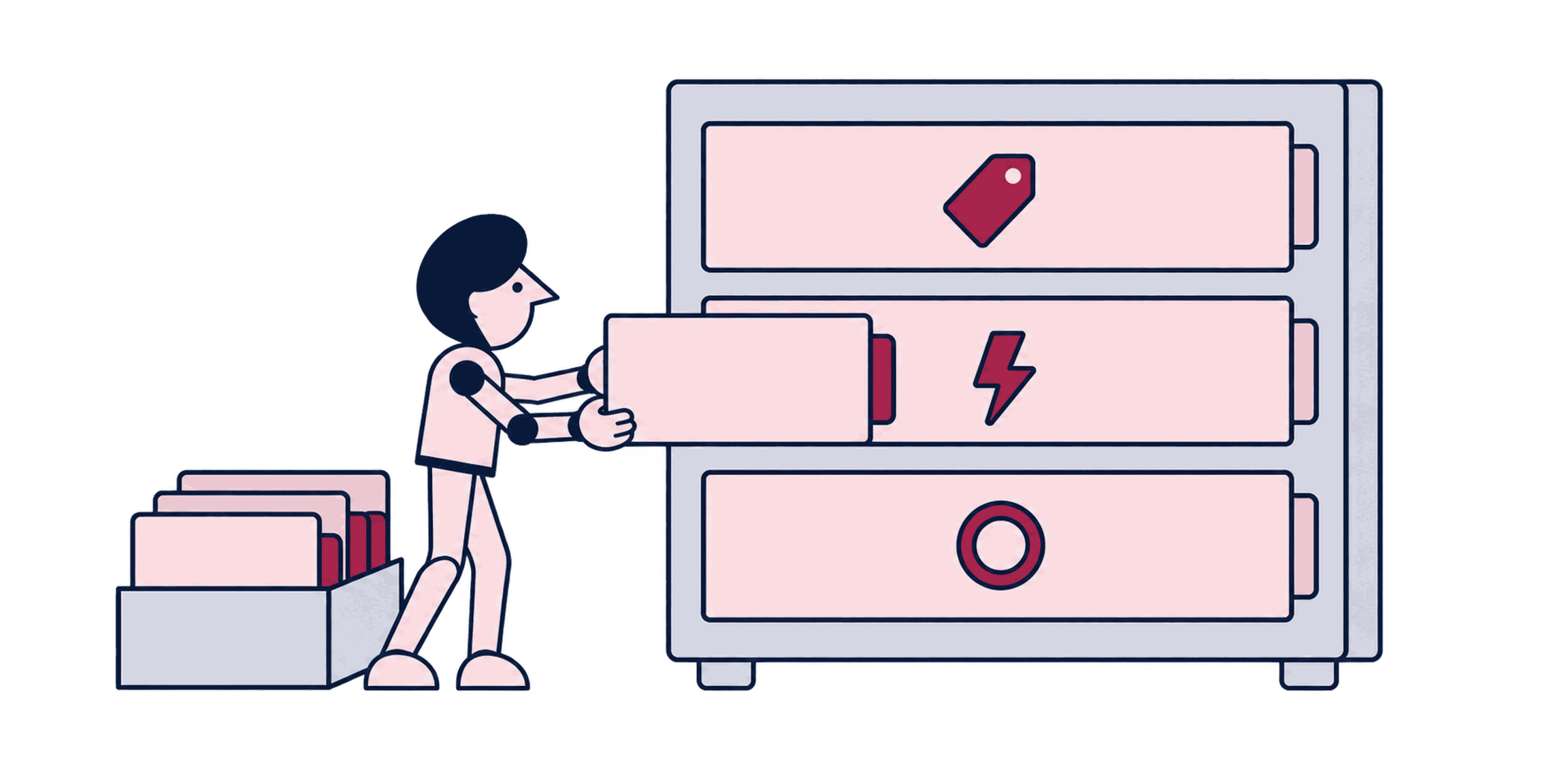 An architect arranging tag, trigger, and variable drawers into a labeled cabinet