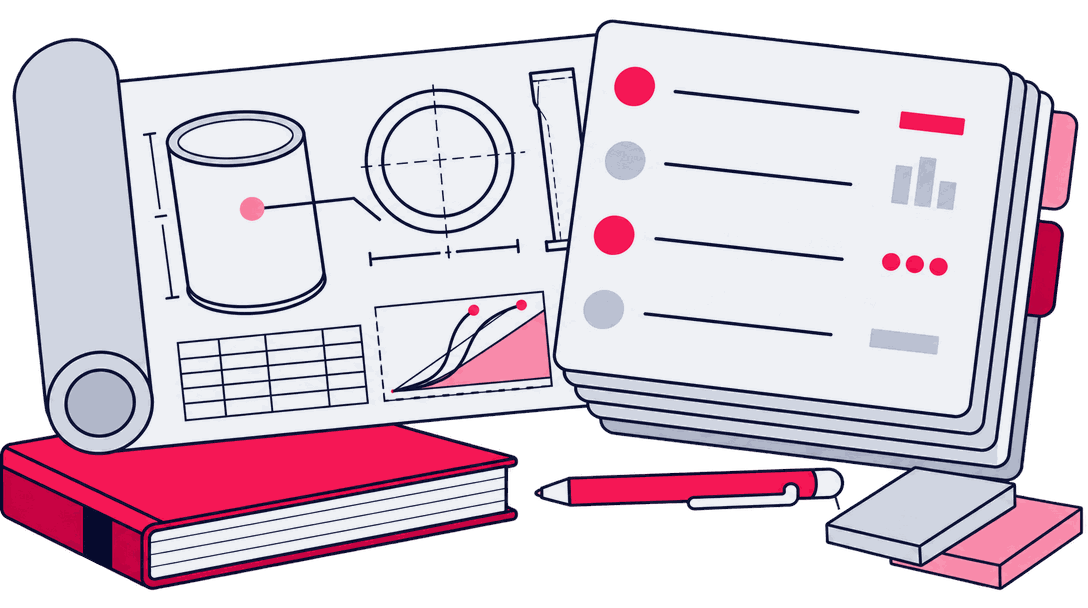A rolled container blueprint next to a naming-convention card