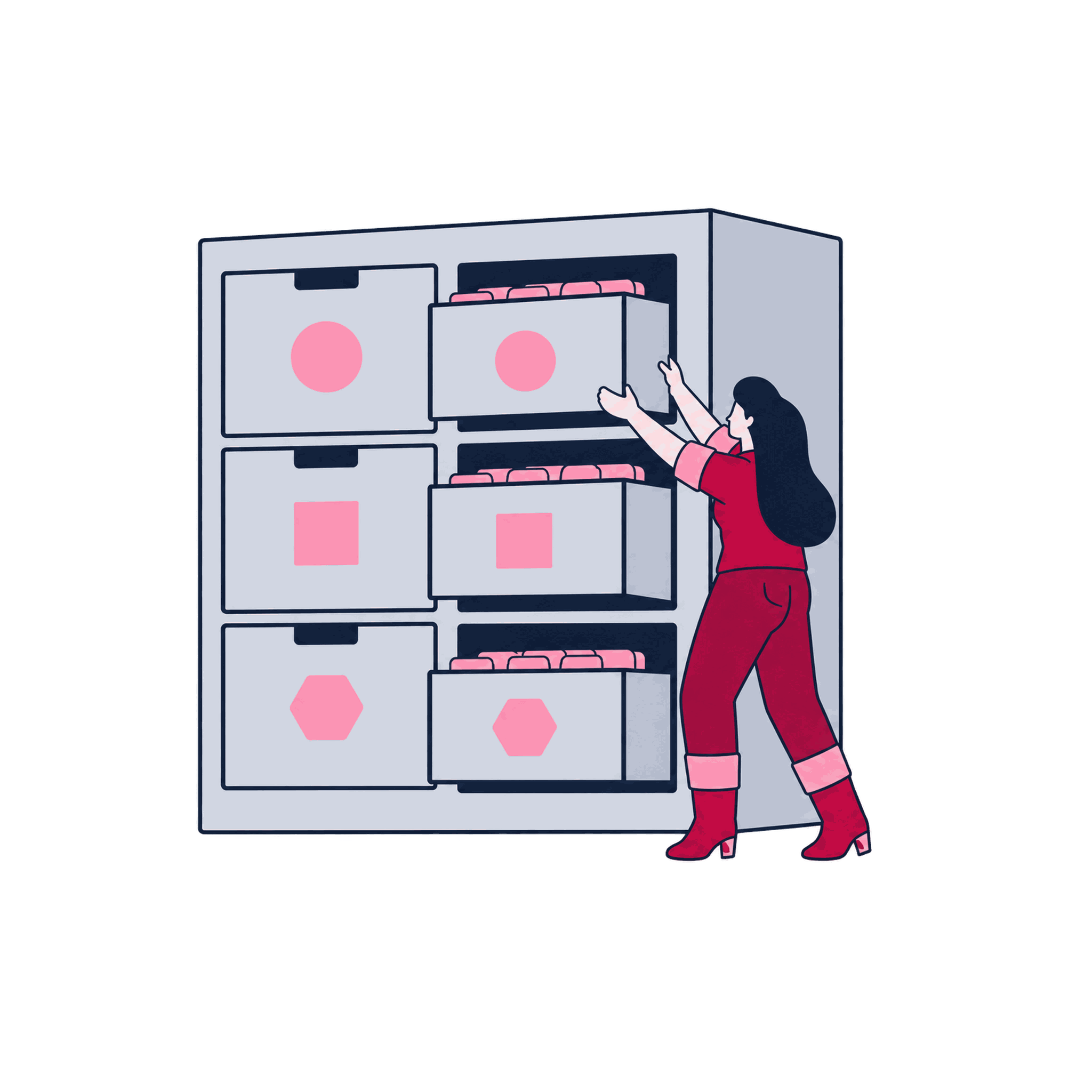 A Zeo architect arranging tag, trigger, and variable drawers into a labeled cabinet