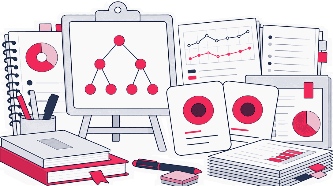 A framed KPI tree on an easel beside a set of goal cards