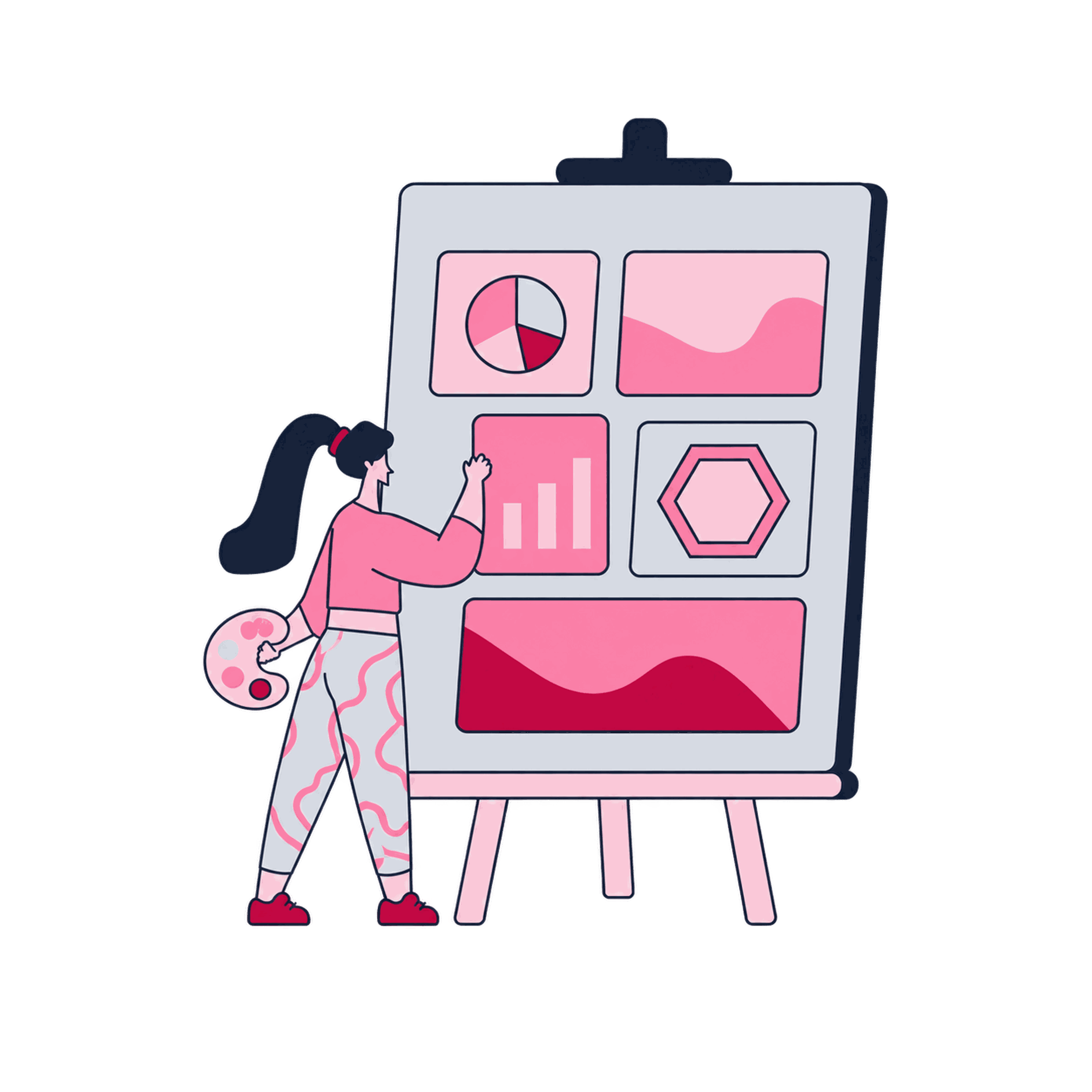 A Zeo builder composing dashboard tiles on a large easel, palette in hand
