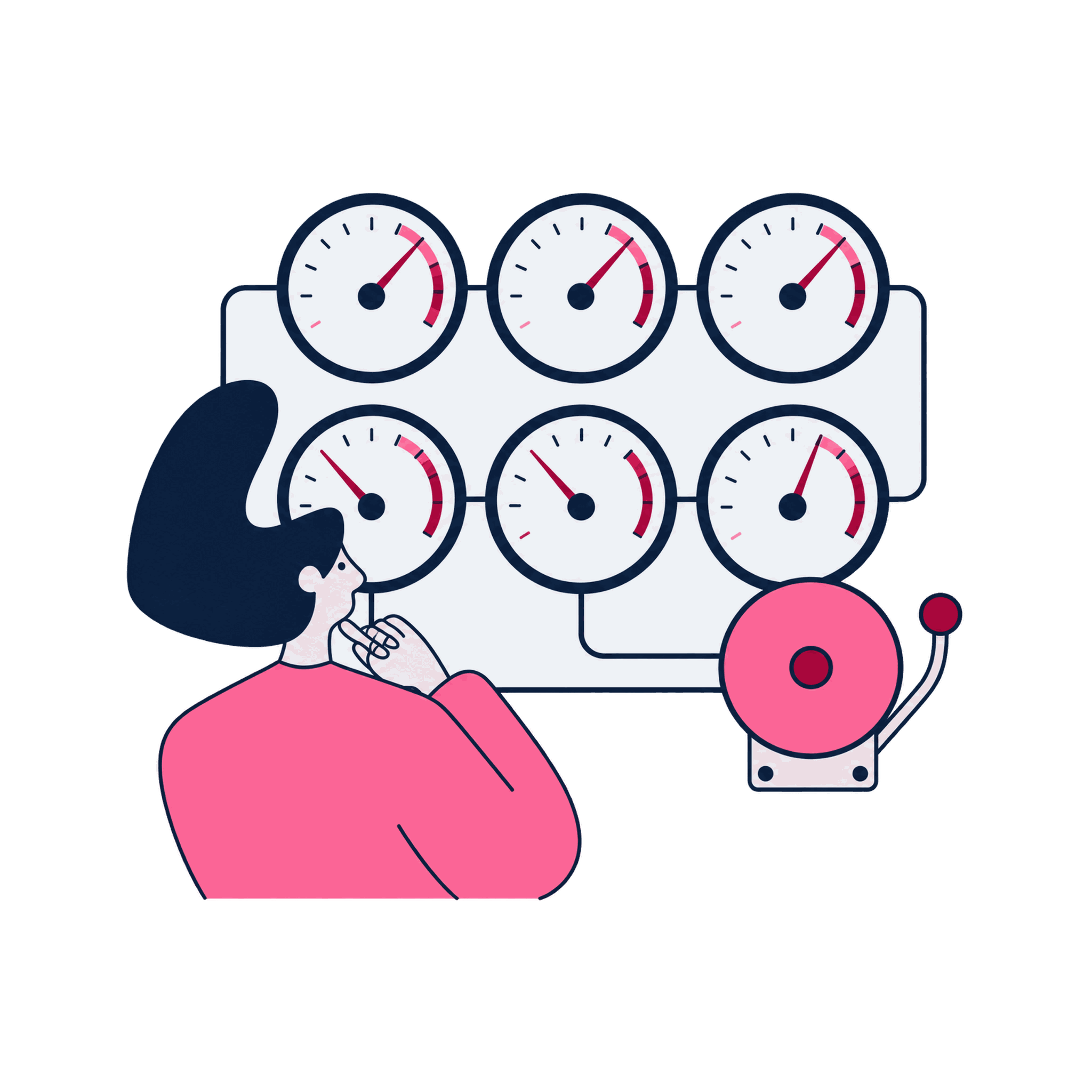 A Zeo watchkeeper at a wall of gauges with one alarm bell and steady signal lines