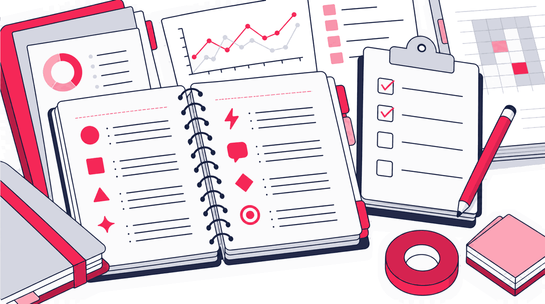 A spiral-bound tracking plan open to an event dictionary
