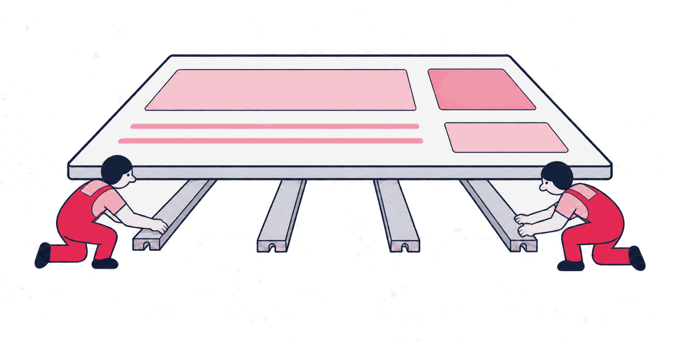 Two builders laying dataLayer rails under a webpage floor