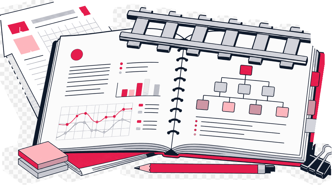 A dataLayer spec book open to a schema page, with a rail segment as a paperweight