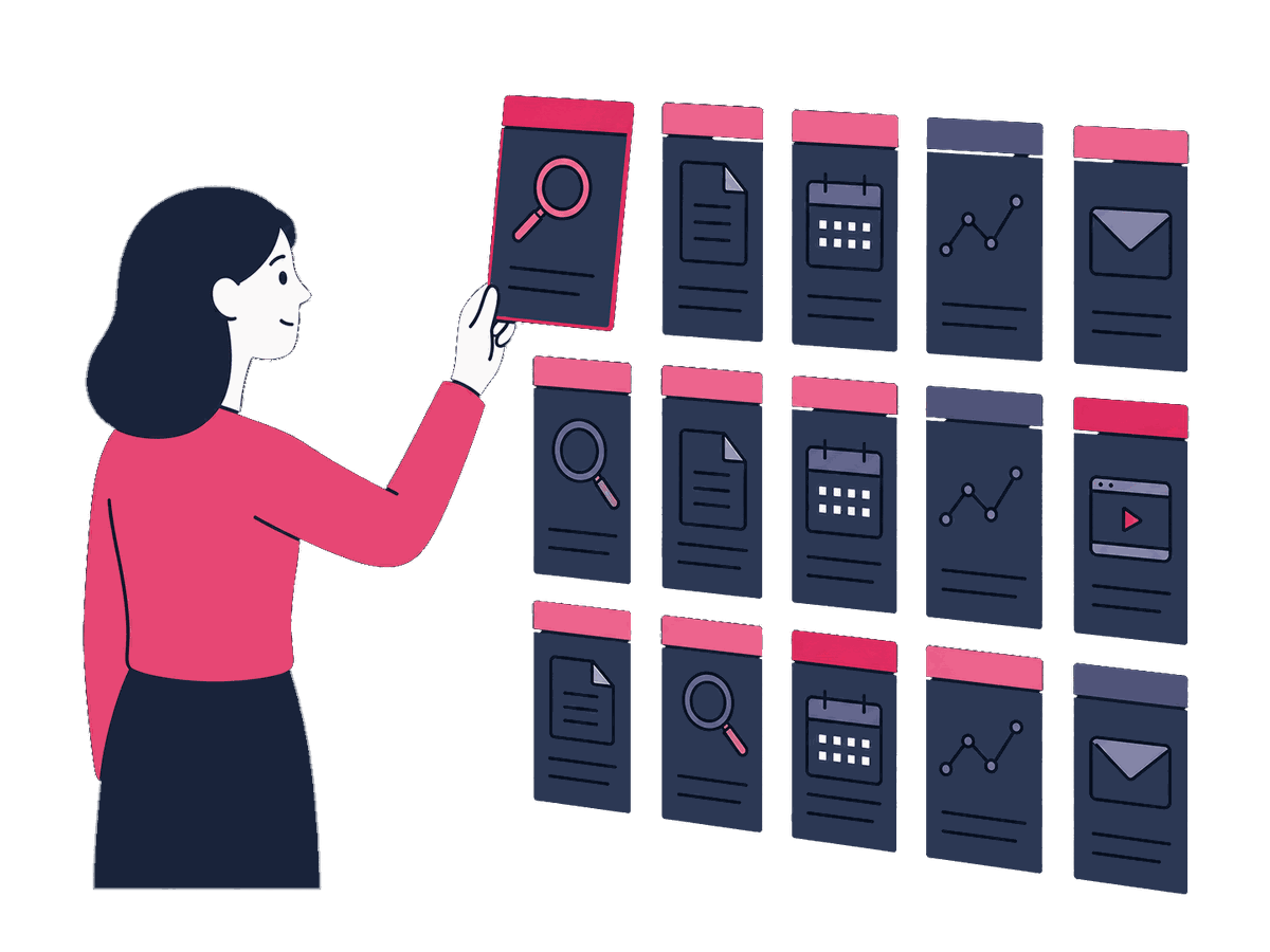 A strategist sorting research cards for a content plan