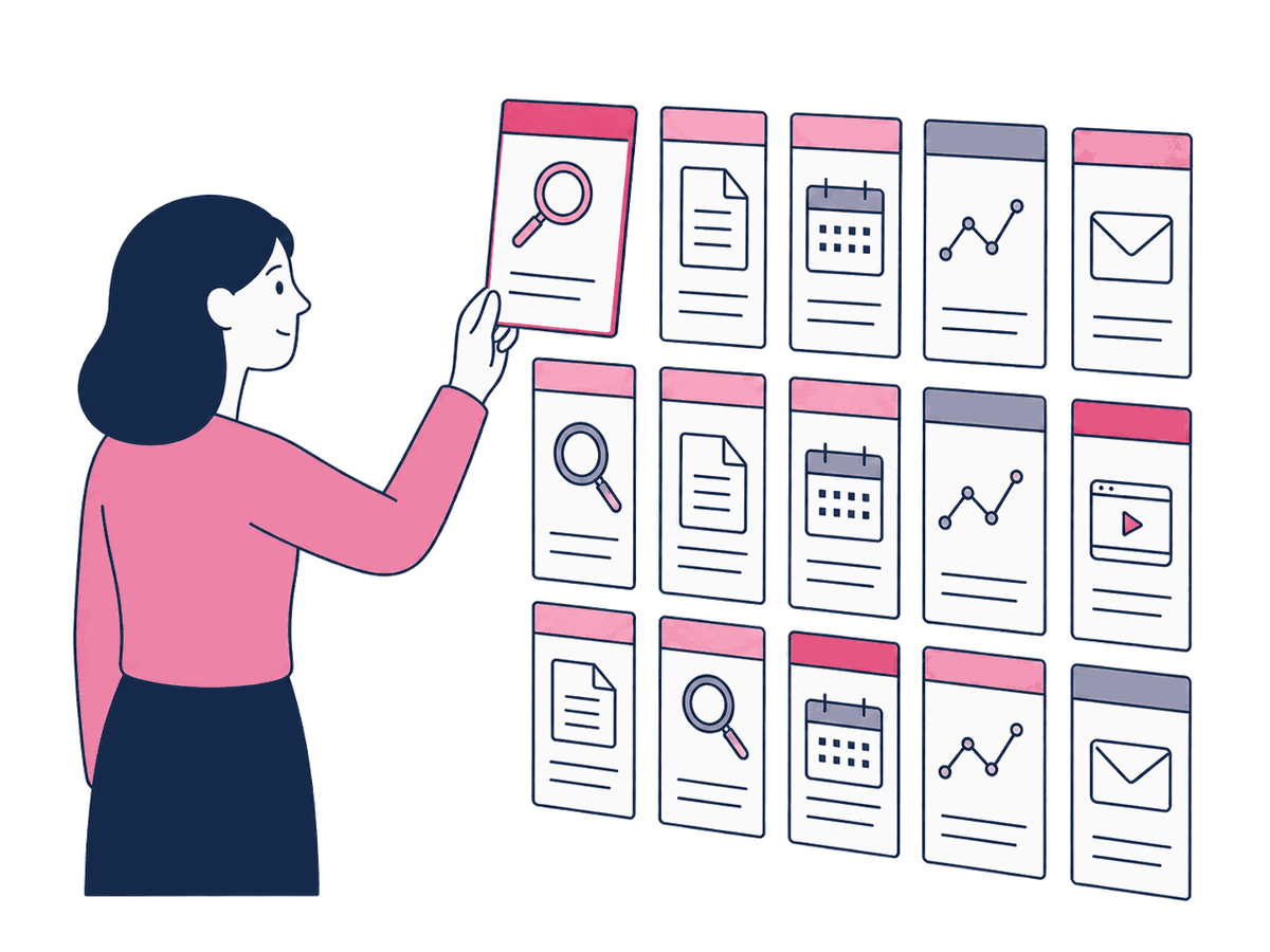 A strategist sorting research cards for a content plan