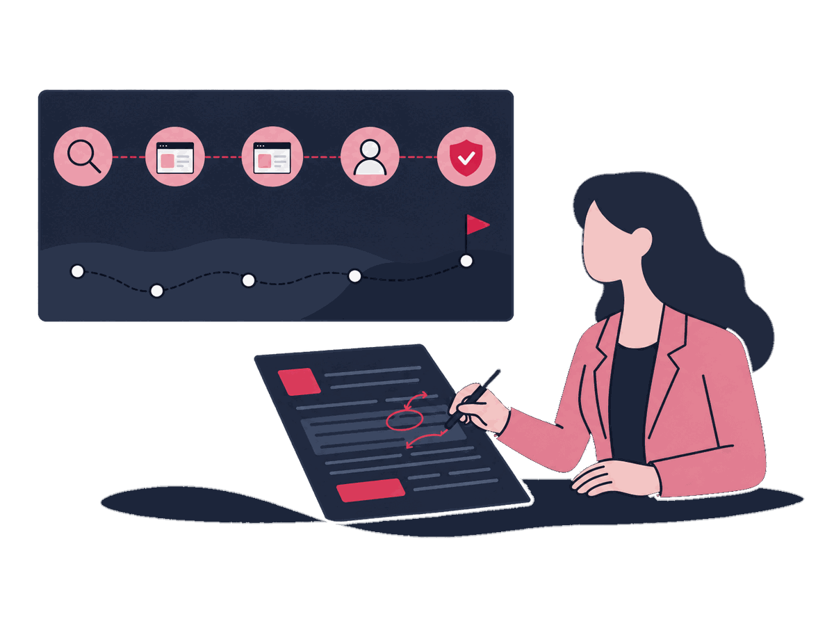 Writer revising page copy against a mapped visitor journey from search to conversion