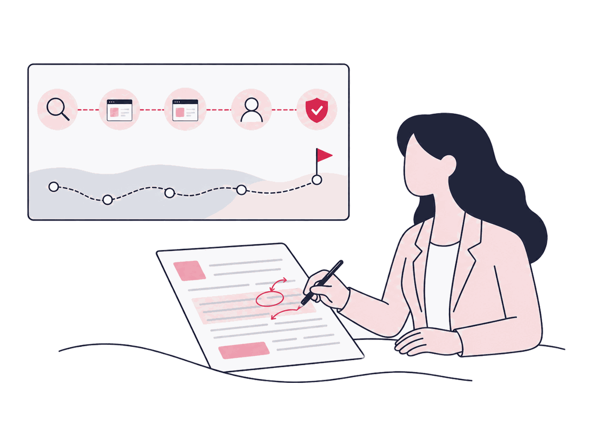 Writer revising page copy against a mapped visitor journey from search to conversion