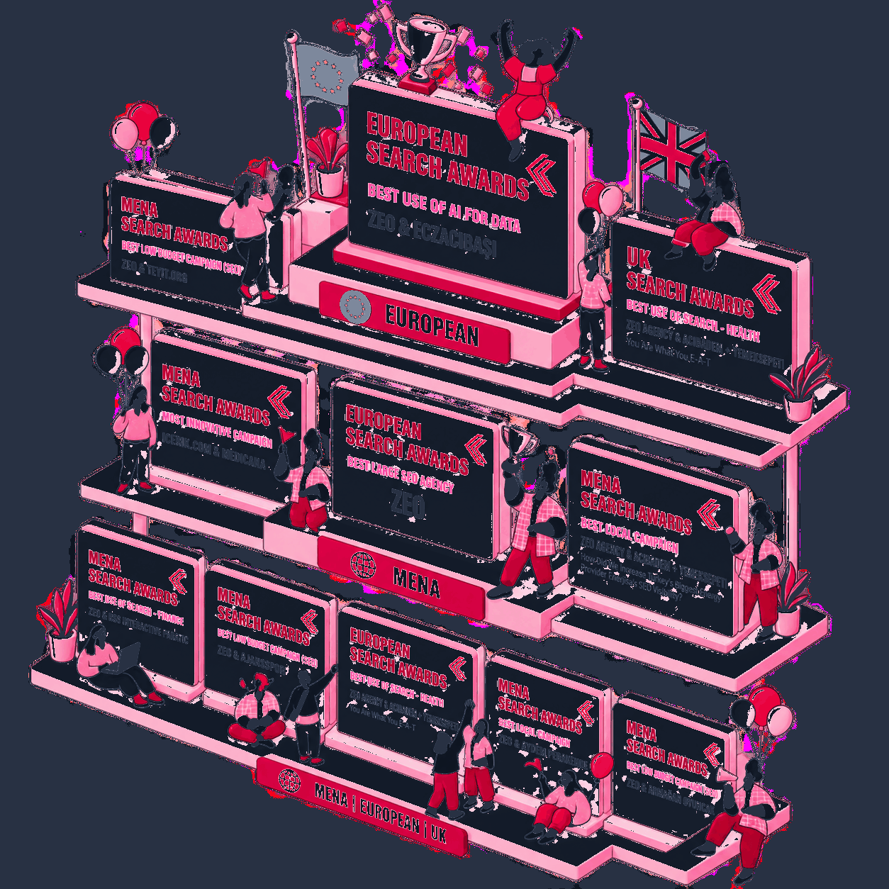 Zeo Search Awards Trophy Shelf Illustration