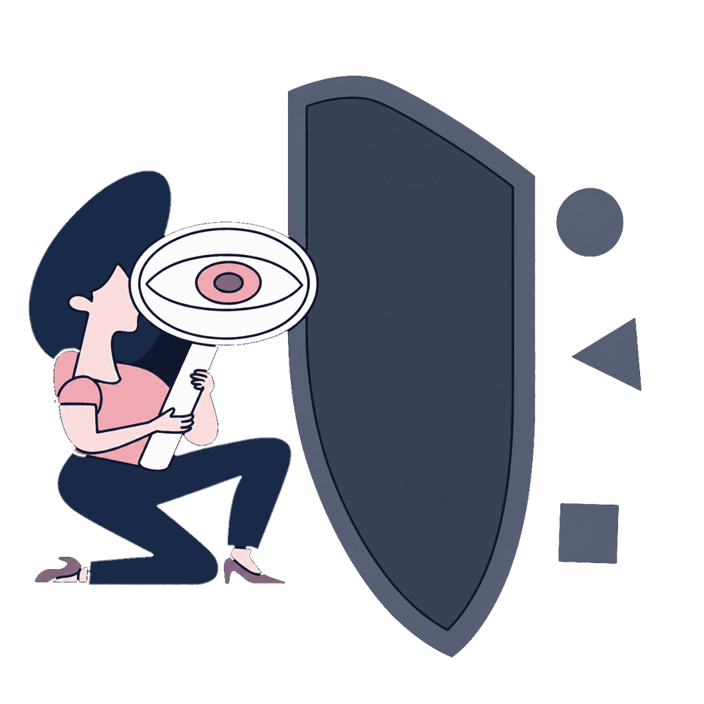Illustrated figure inspecting a large shield through a magnifier