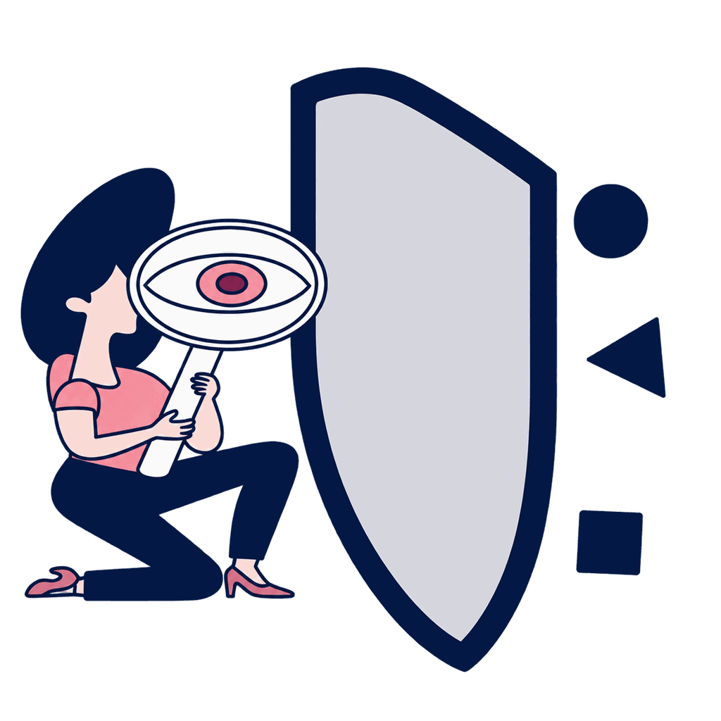 Illustrated figure inspecting a large shield through a magnifier