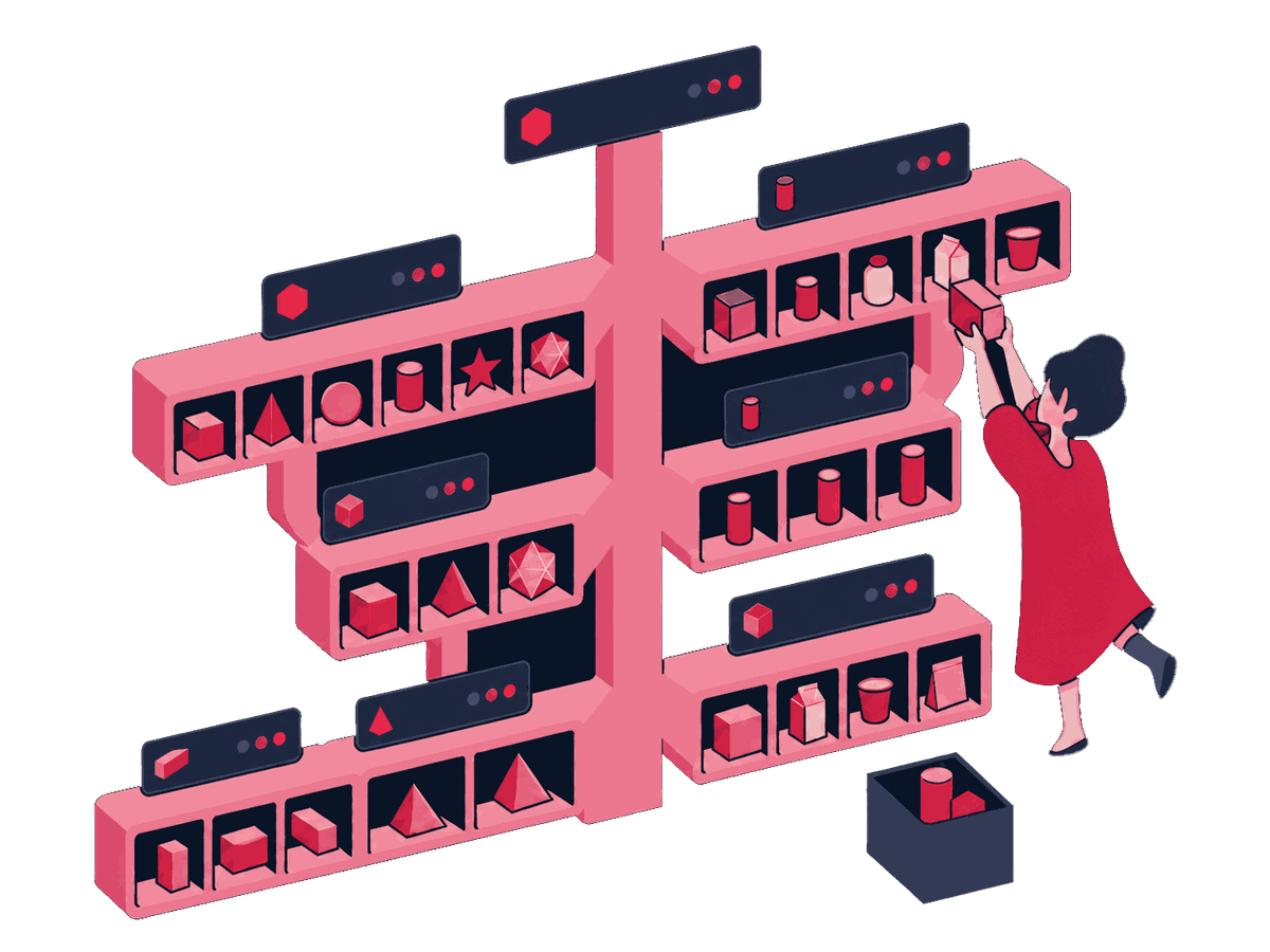 Zeo figures arrange product boxes on a large category shelf beneath a sign showing the single shopping task that the shelf serves.