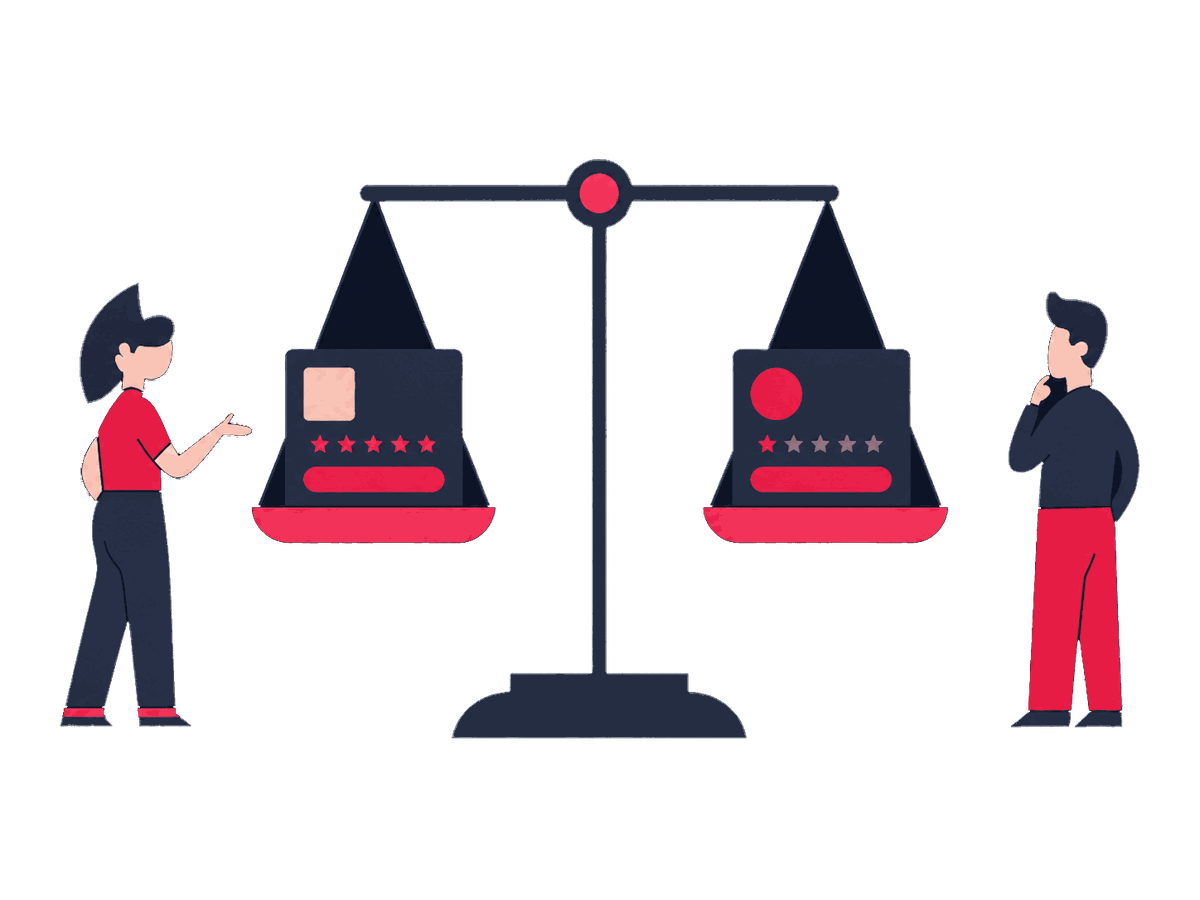 Two Zeo figures compare product cards on a large balance scale while a third checks source documents and dates.