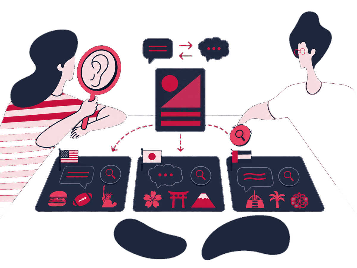 Two specialists compare local search notes and approved product pages around a globe, while a third specialist sorts language cards into market groups.