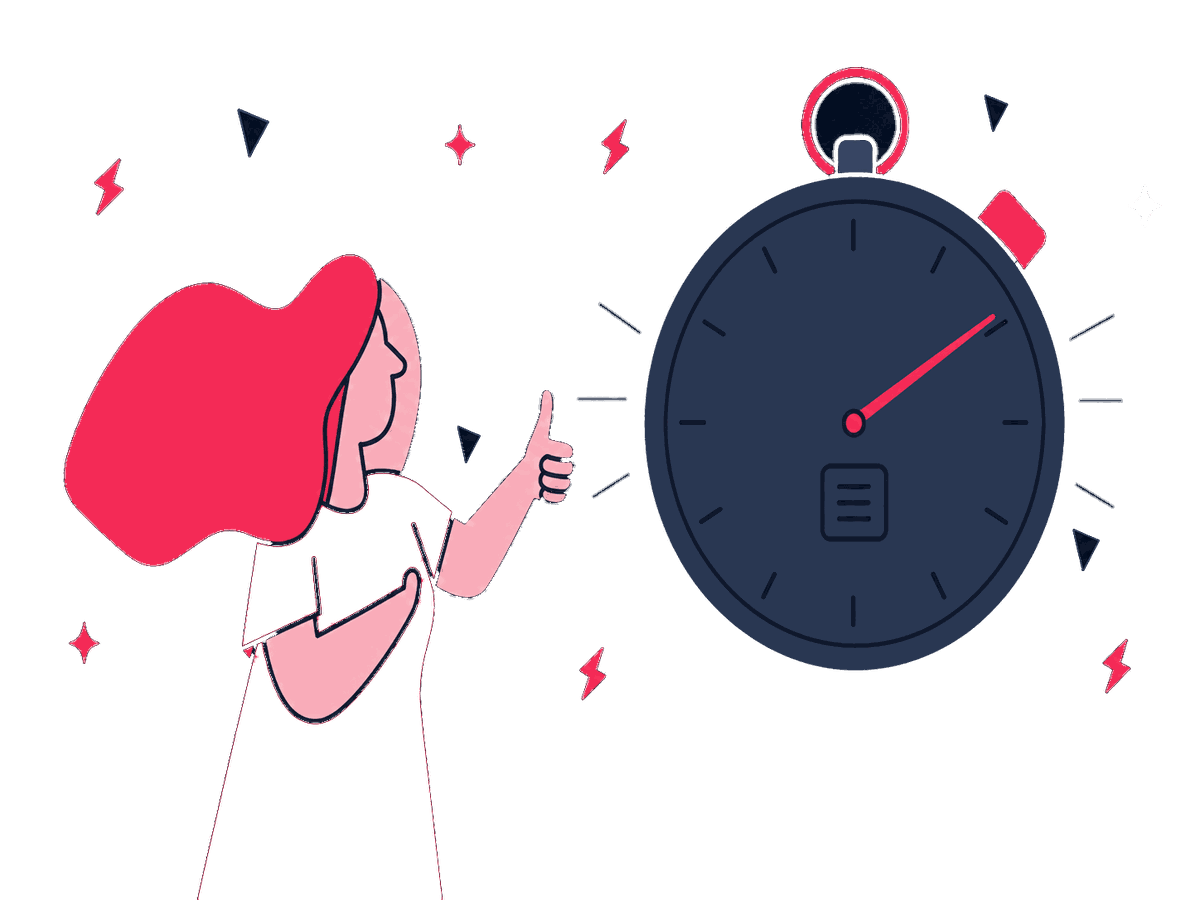A person gives an approving thumbs-up next to an oversized stopwatch ringed with speed lines, marking a fast result.