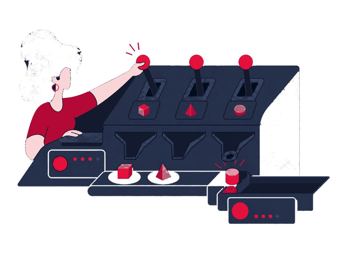 A Zeo figure adjusts knobs on a large filter panel while another figure closes duplicate paths through a URL maze behind it.