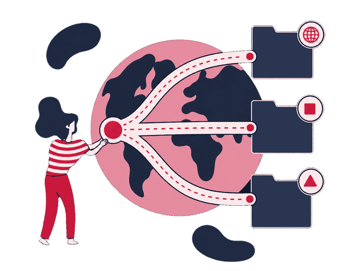 Specialists arrange market and language route signs across a large site map while a second specialist checks paths between domains, folders, and locale selectors.