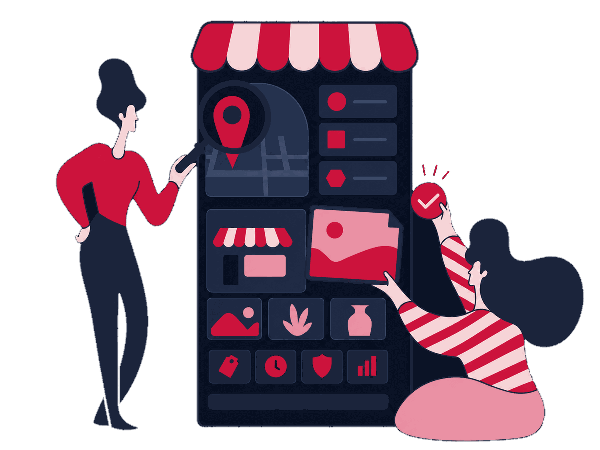 A local-search specialist compares an approved location record with a Google Business Profile panel as a teammate checks categories, hours, services, and map details.