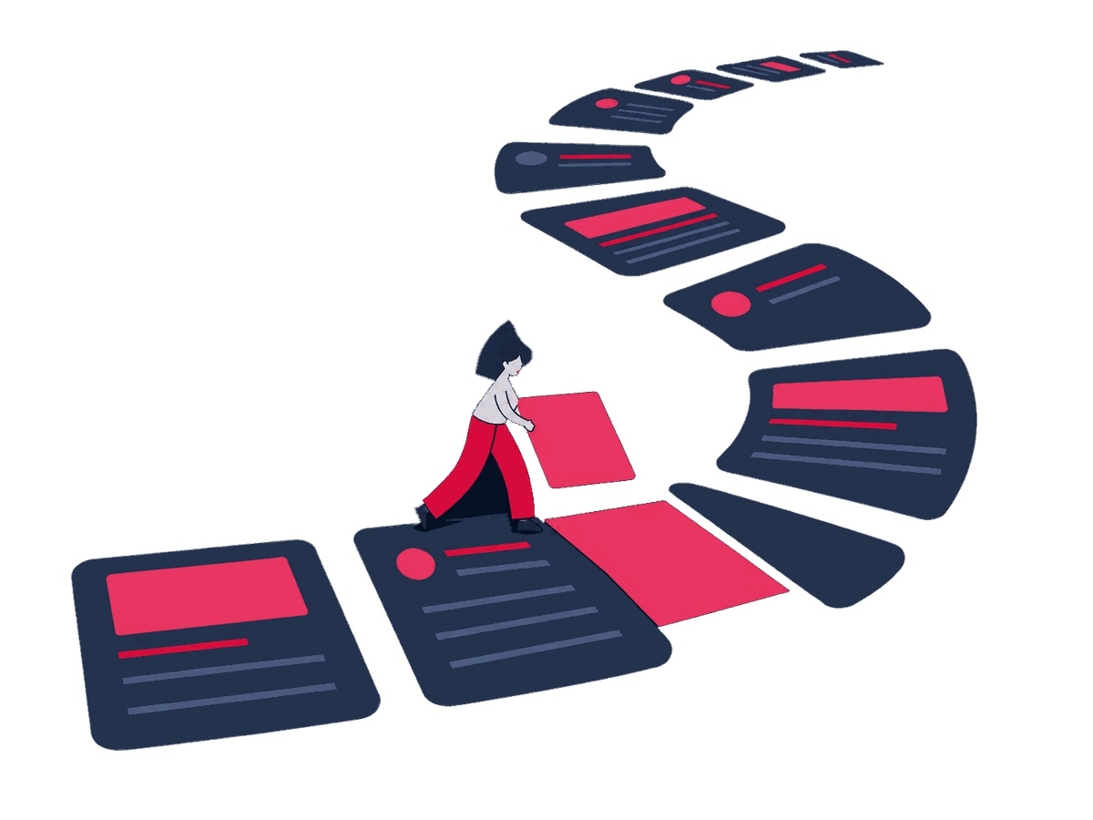 A Zeo editor connects page cards with labeled paths, keeping one reader figure on a clear route while removing misleading shortcuts.