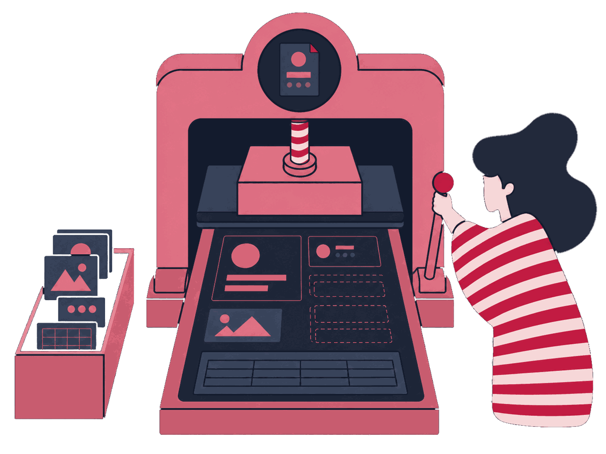 Two Zeo specialists assemble a large page template from labeled content blocks while thin and duplicate records wait outside the frame.