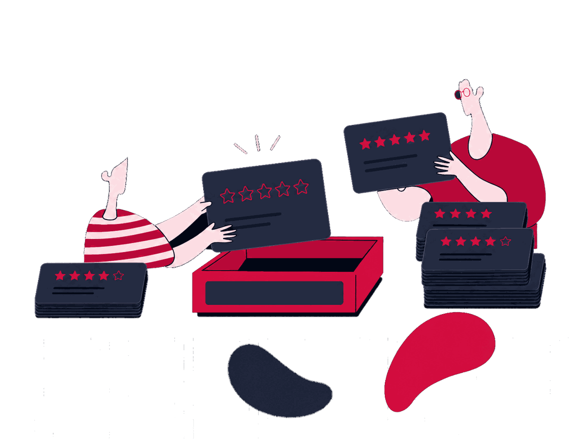 A customer-feedback team sorts review cards into response, escalation, and service-improvement paths beside a visible neutral-request rule.