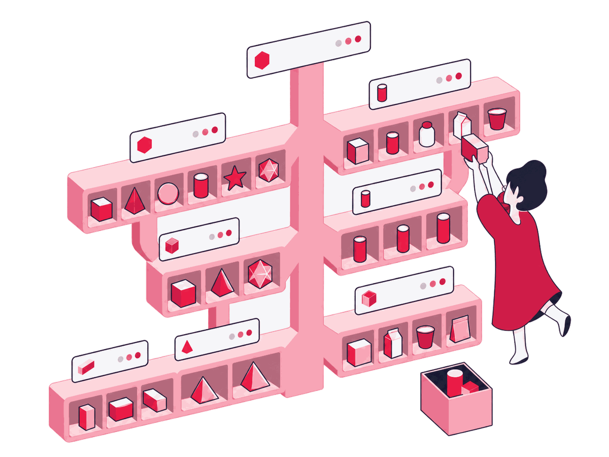 Zeo figures arrange product boxes on a large category shelf beneath a sign showing the single shopping task that the shelf serves.