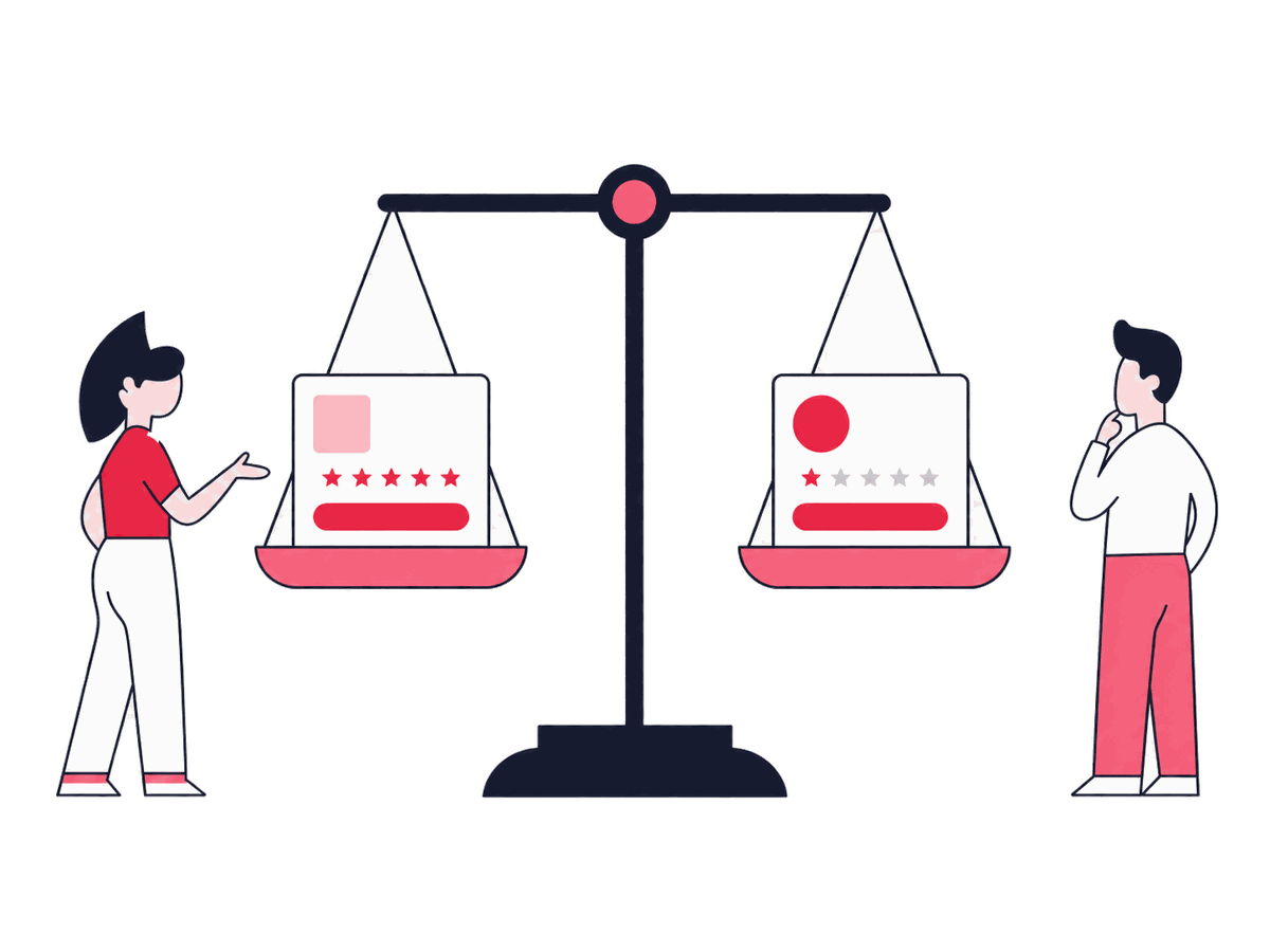 Two Zeo figures compare product cards on a large balance scale while a third checks source documents and dates.
