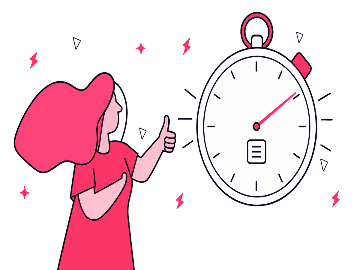 A person gives an approving thumbs-up next to an oversized stopwatch ringed with speed lines, marking a fast result.