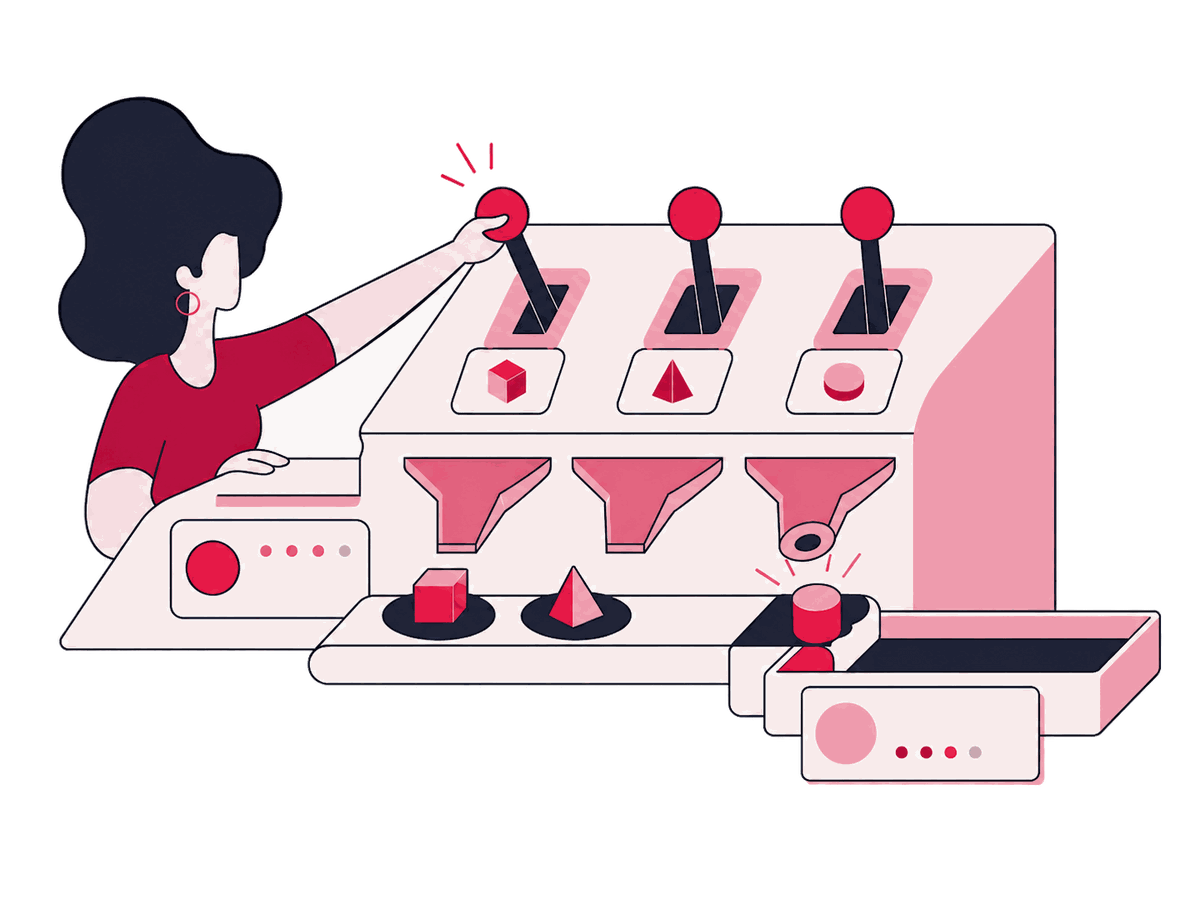 A Zeo figure adjusts knobs on a large filter panel while another figure closes duplicate paths through a URL maze behind it.