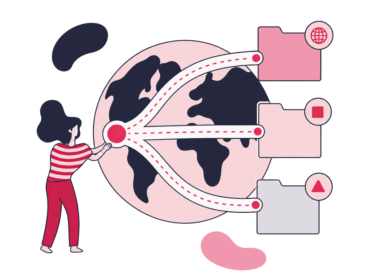 Specialists arrange market and language route signs across a large site map while a second specialist checks paths between domains, folders, and locale selectors.