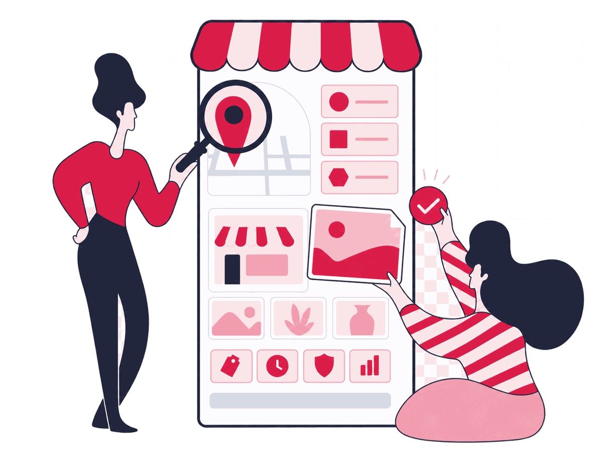 A local-search specialist compares an approved location record with a Google Business Profile panel as a teammate checks categories, hours, services, and map details.