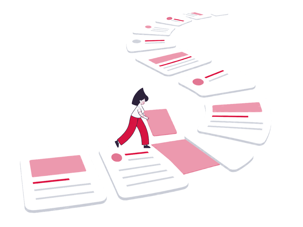 A Zeo editor connects page cards with labeled paths, keeping one reader figure on a clear route while removing misleading shortcuts.