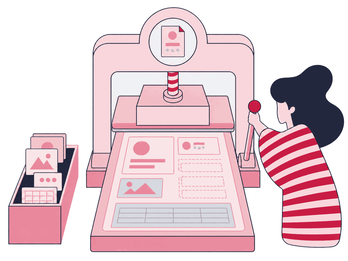 Two Zeo specialists assemble a large page template from labeled content blocks while thin and duplicate records wait outside the frame.