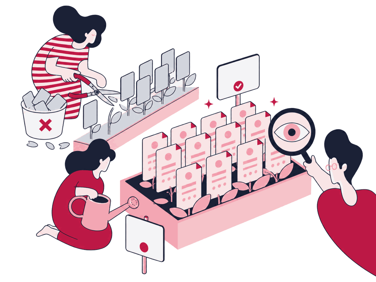 A Zeo specialist trims weak pages from a large index garden while healthy page cohorts flow toward a search console.