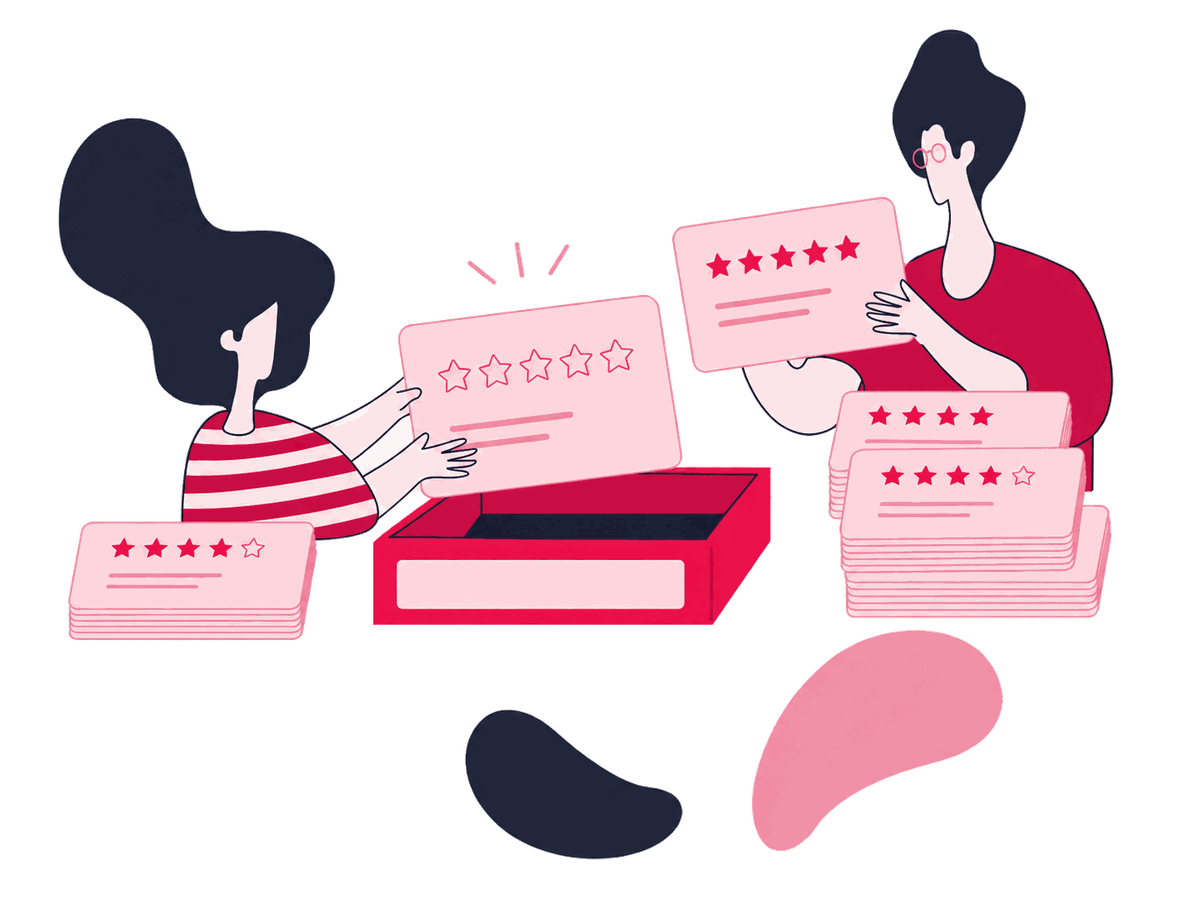 A customer-feedback team sorts review cards into response, escalation, and service-improvement paths beside a visible neutral-request rule.