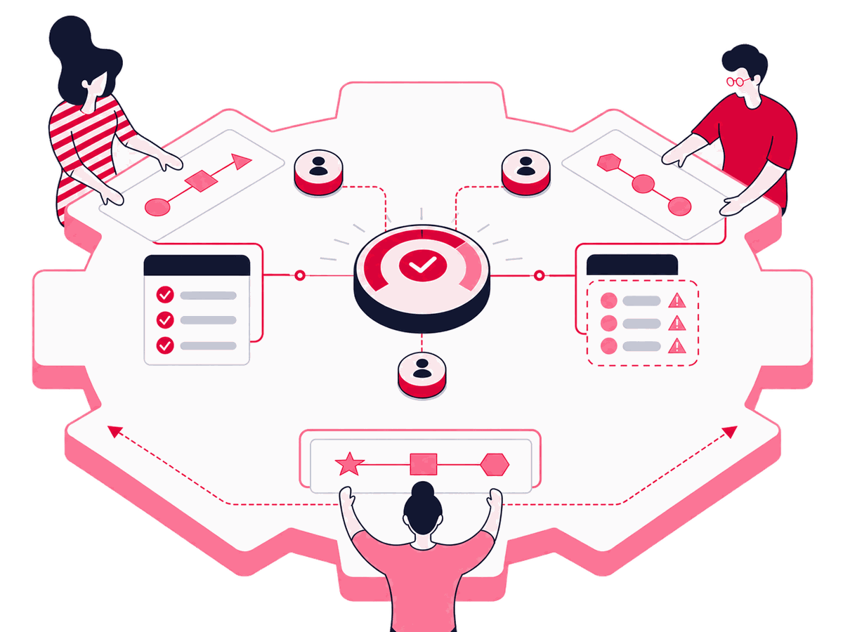 A Zeo specialist hands an SEO decision baton between product, engineering, content, legal, and market teams gathered around a shared policy board.