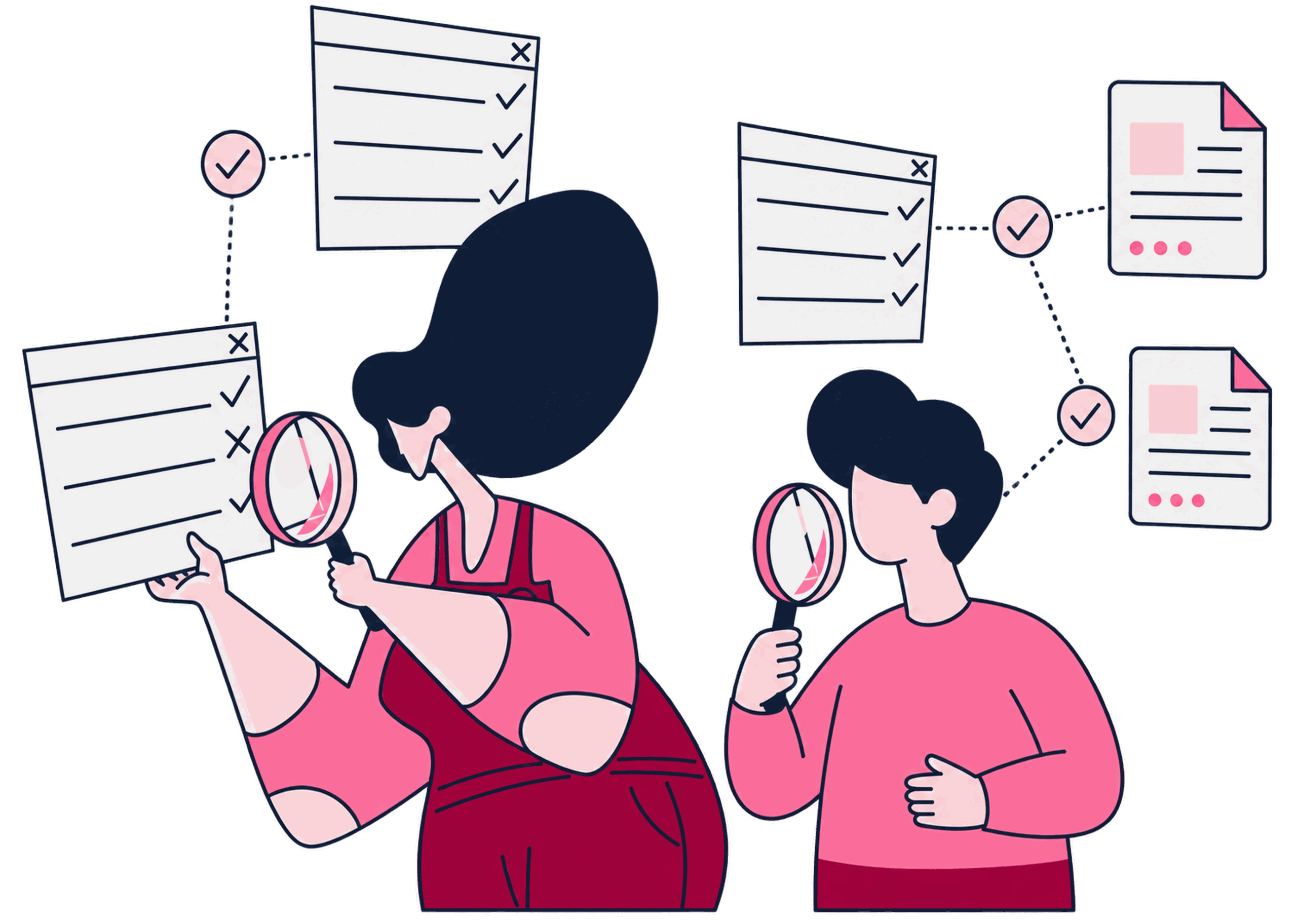 Two specialists use magnifying glasses to audit a GEO checklist and linked sources