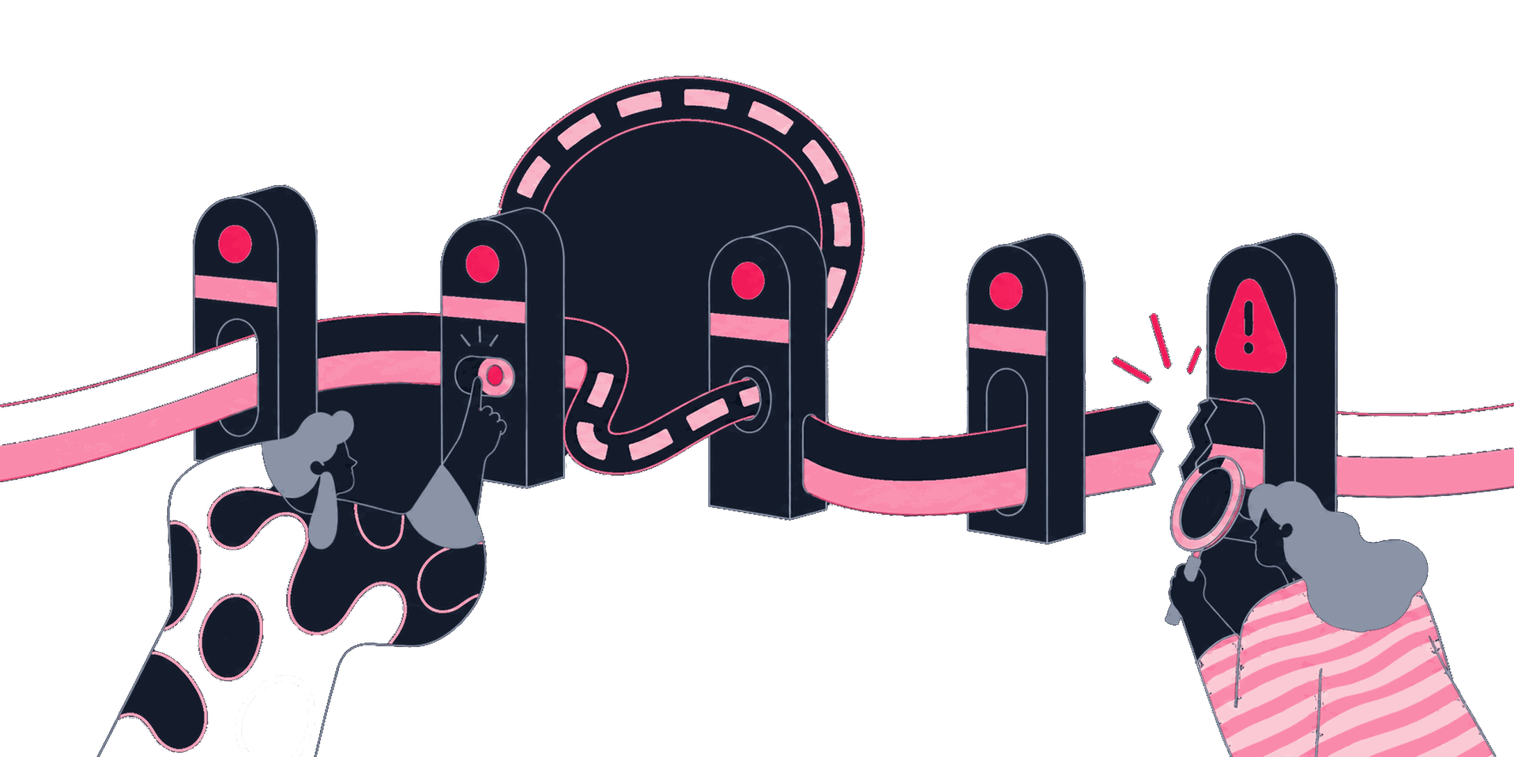 A straight-line assumed funnel path next to a tangled real path full of loops and re-entries