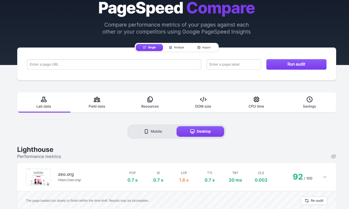 Pagespeed compare